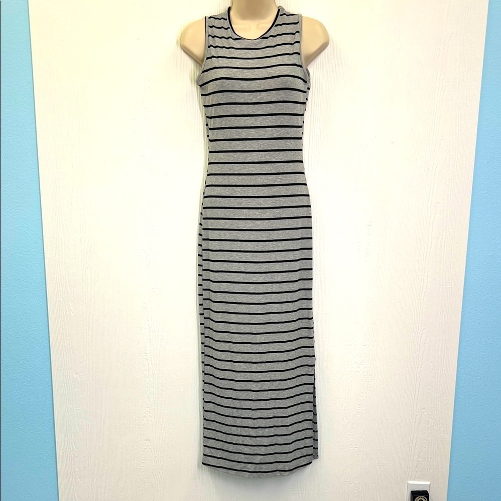 Anthropologie - See You Next Monday Gray And Black Stripe Ribbed Maxi Dress Med